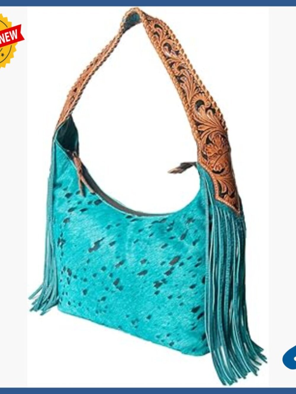 Hand Tooled Floral Leather Hobo Bag with Hair-On Cowhide Fringes